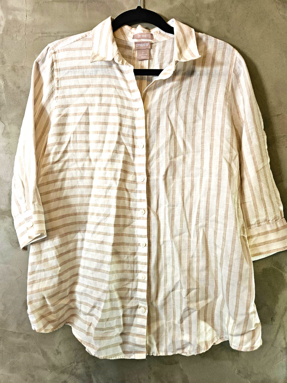 Chico's 1P Petite White Beige Striped No-Iron Linen 3/4 Sleeve Button Shirt